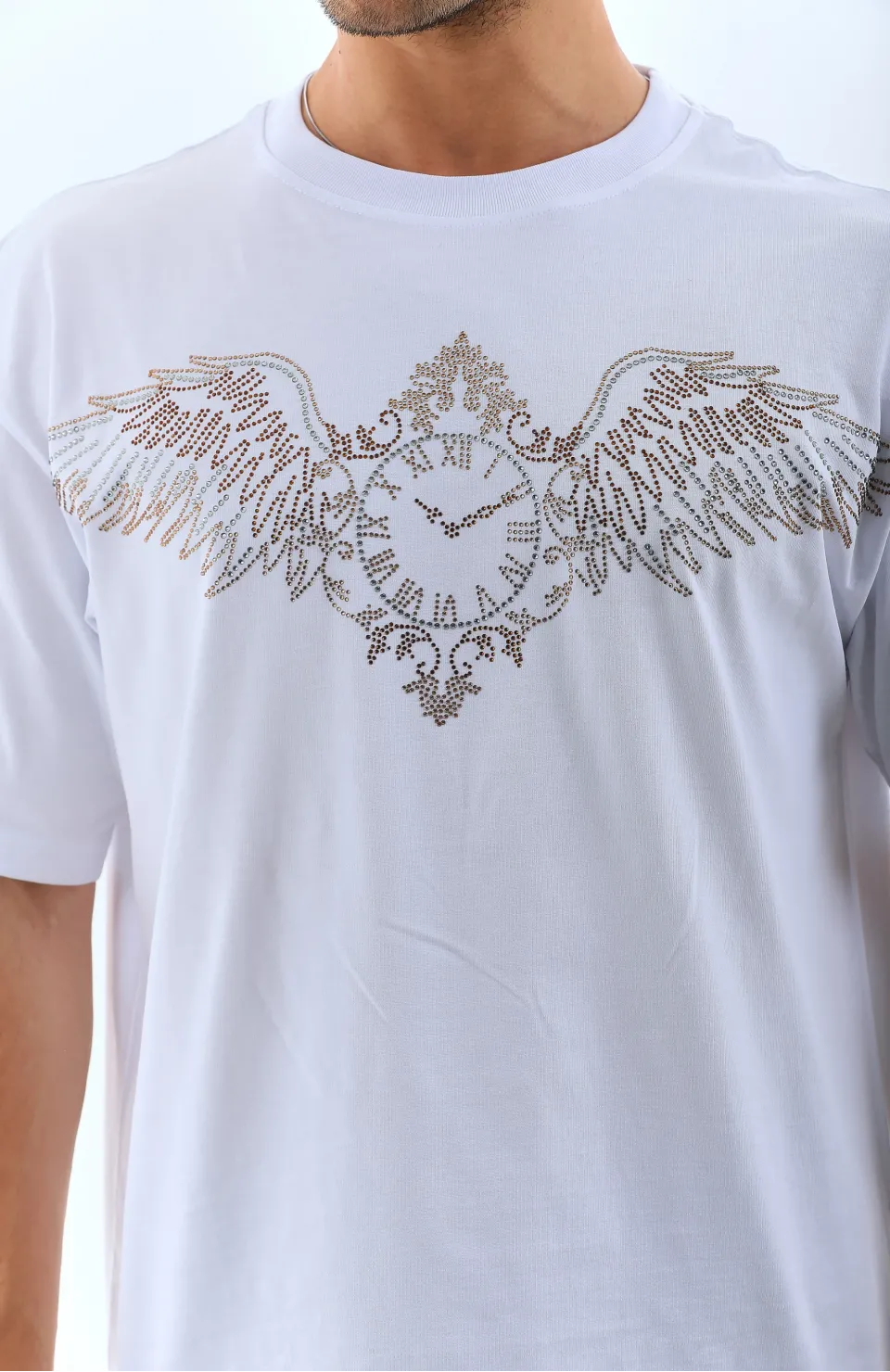 Unisex Oversize Taşlı Bisiklet Yaka T-Shirt - Beyaz