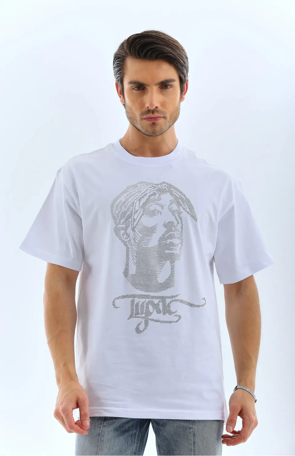 Unisex Oversize Taşlı Bisiklet Yaka T-Shirt - Beyaz