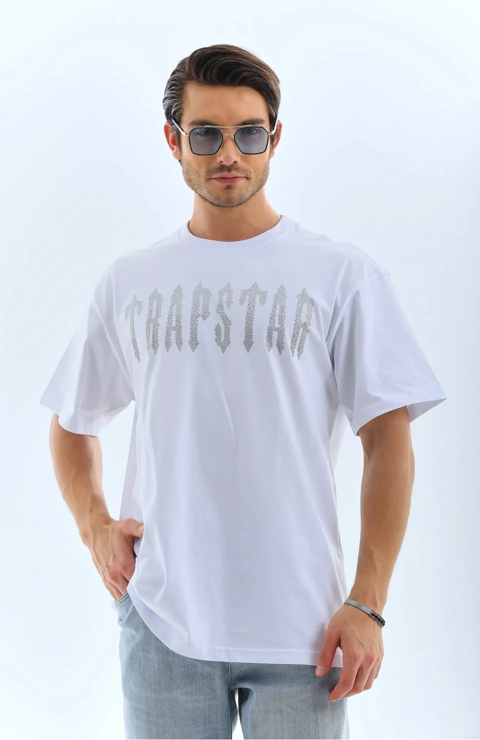 Unisex Oversize Taşlı Bisiklet Yaka T-Shirt - Beyaz