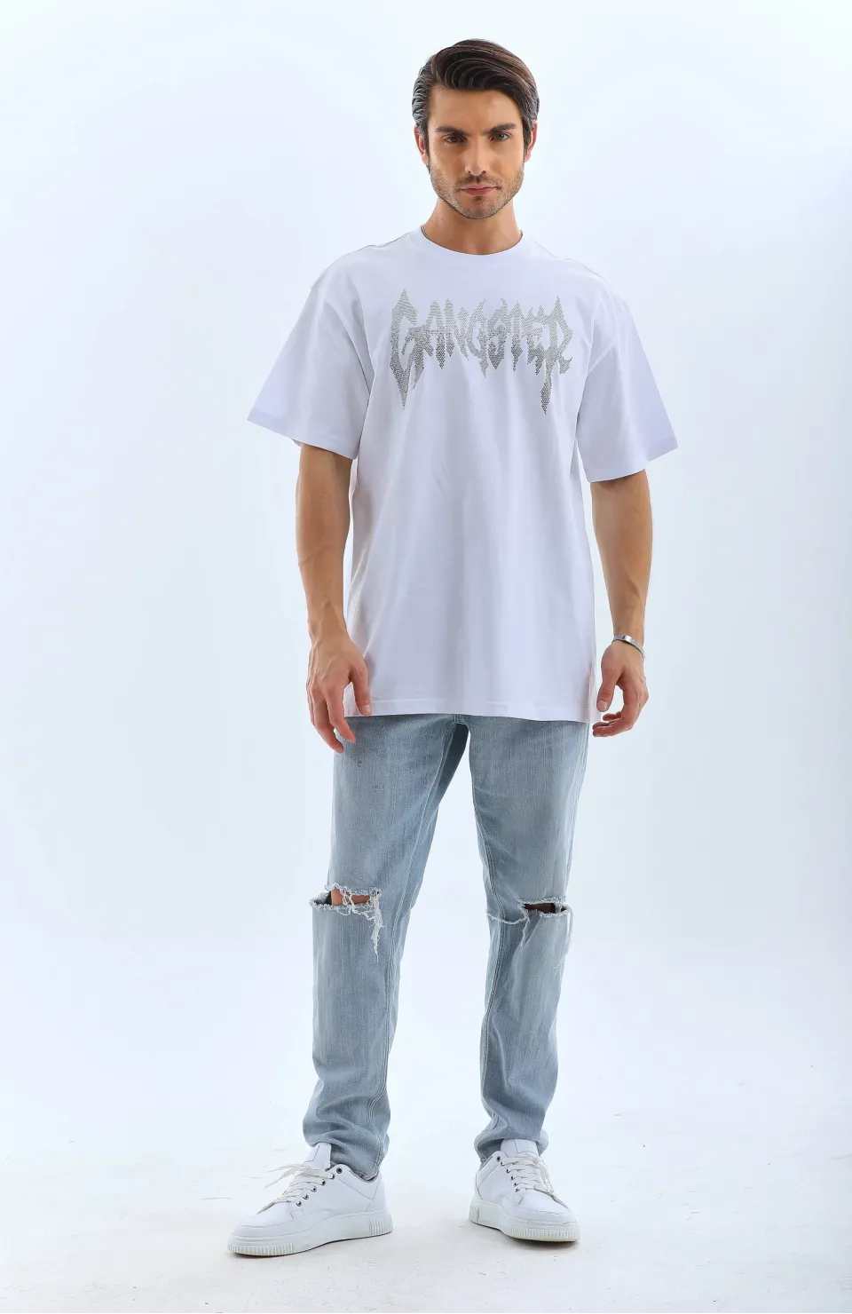 Unisex Oversize Taşlı Bisiklet Yaka T-Shirt - Beyaz