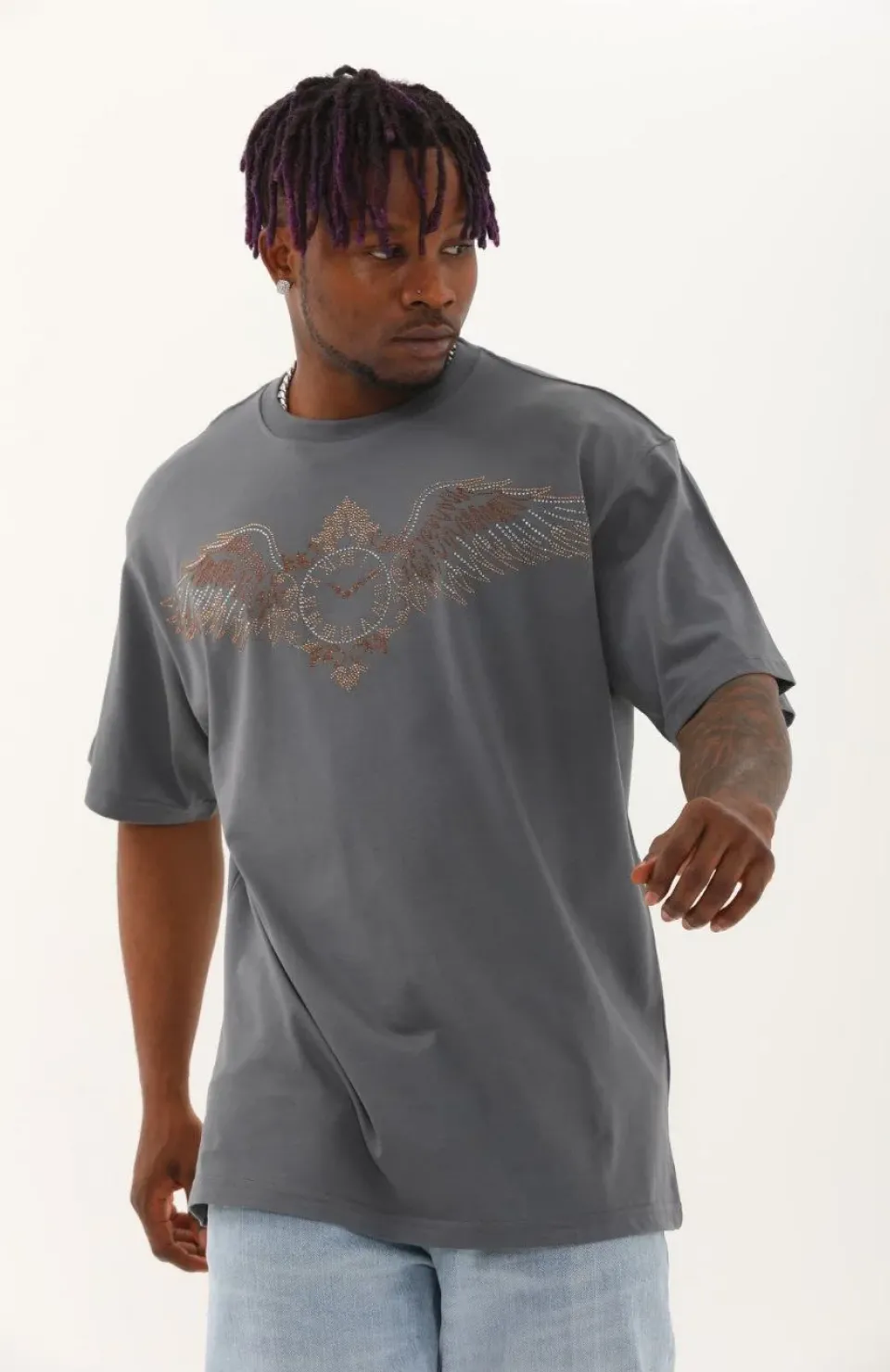 Unisex Oversize Taşlı Bisiklet Yaka T-Shirt - Füme