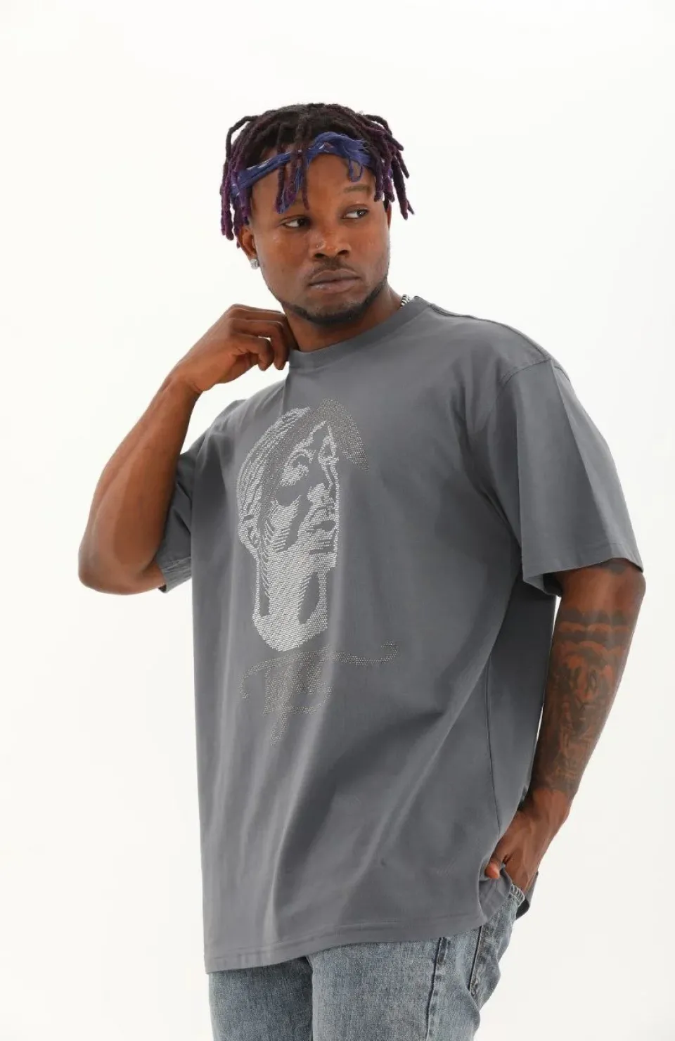 Unisex Oversize Taşlı Bisiklet Yaka T-Shirt - Füme