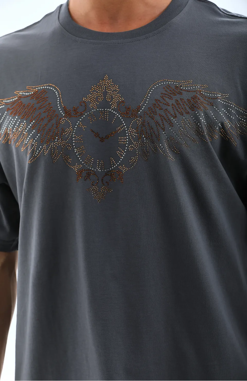 Unisex Oversize Taşlı Bisiklet Yaka T-Shirt - Füme