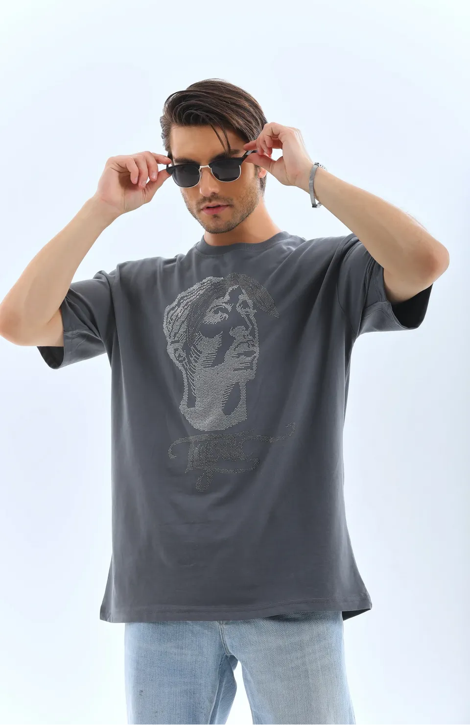 Unisex Oversize Taşlı Bisiklet Yaka T-Shirt - Füme