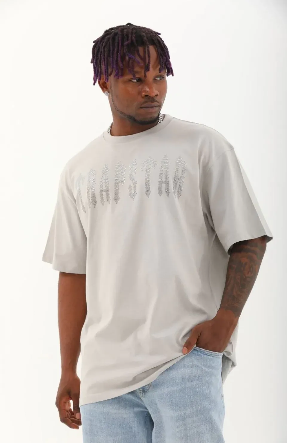 Unisex Oversize Taşlı Bisiklet Yaka T-Shirt - Gri