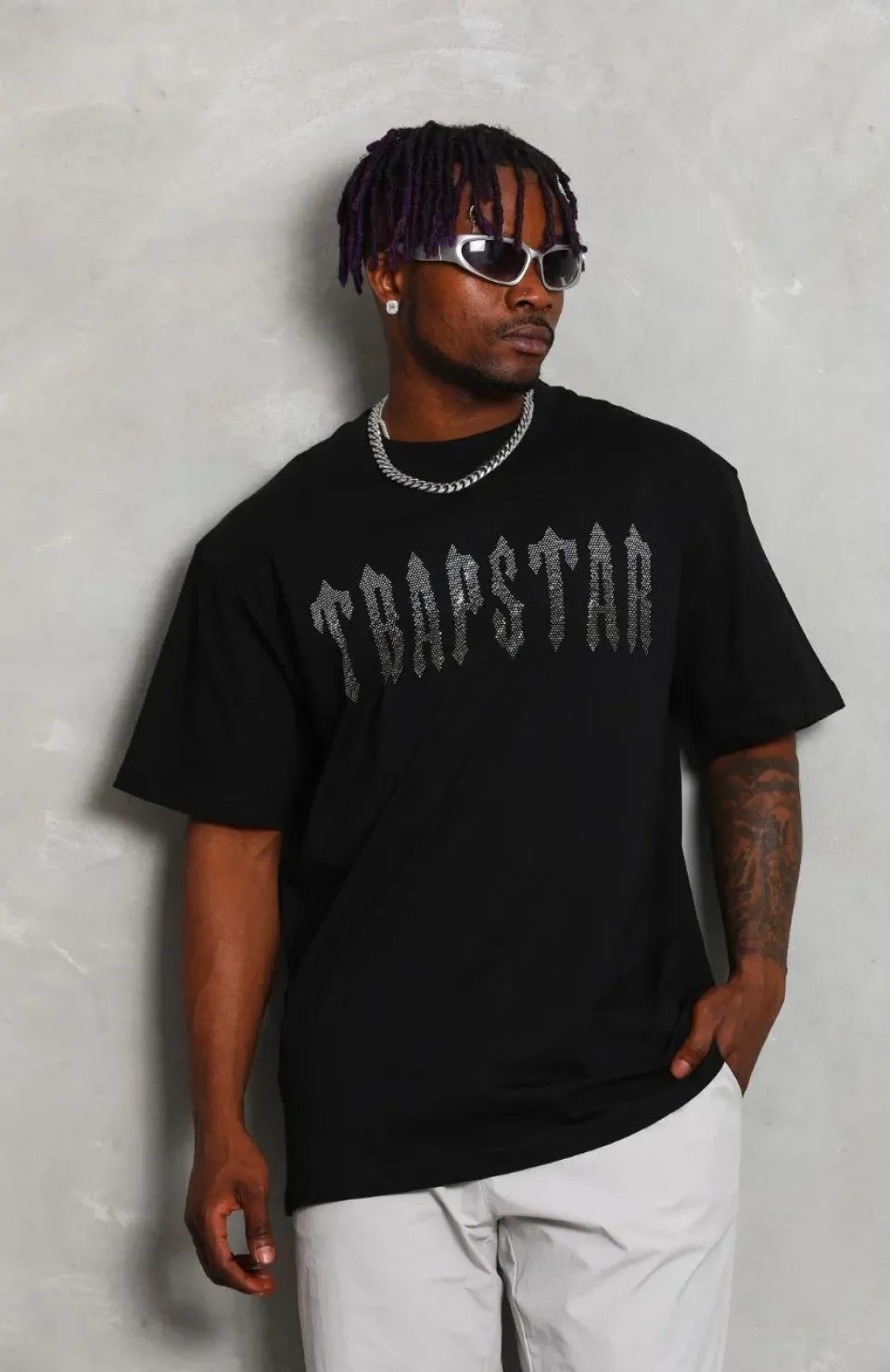 Unisex Oversize Taşlı Bisiklet Yaka T-Shirt - Siyah