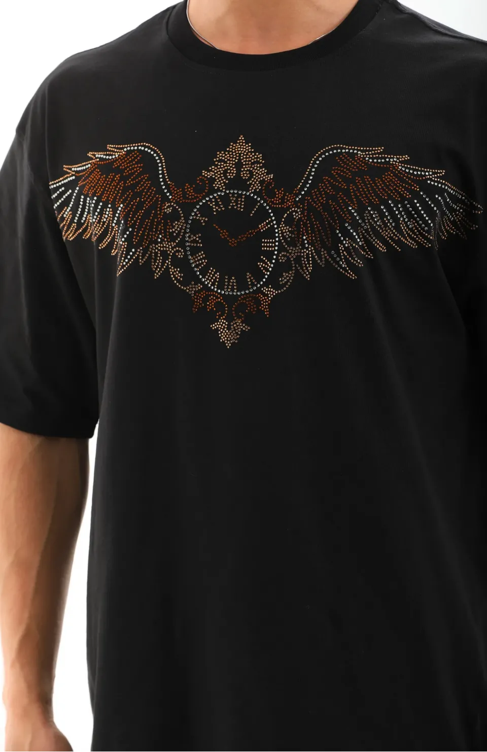 Unisex Oversize Taşlı Bisiklet Yaka T-Shirt - Siyah