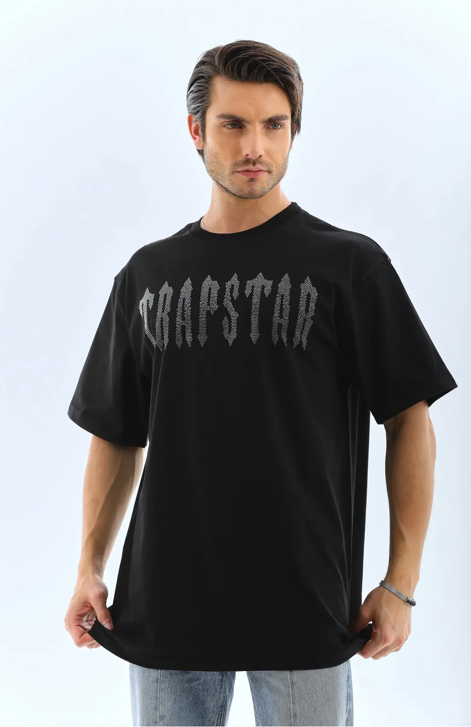 Unisex Oversize Taşlı Bisiklet Yaka T-Shirt - Siyah