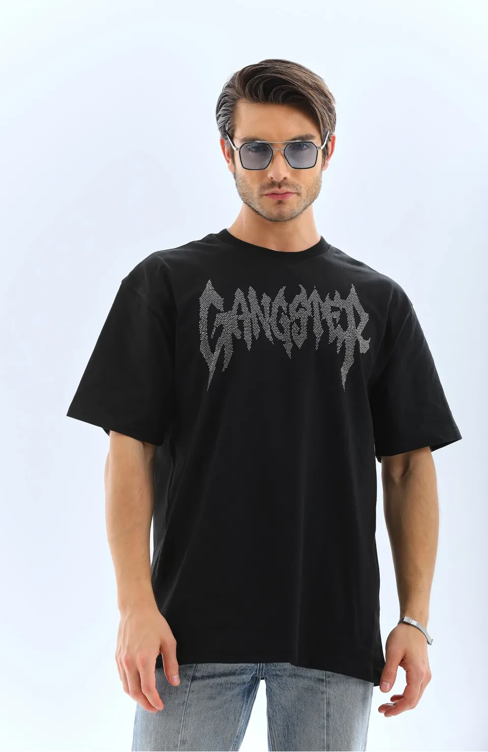 Unisex Oversize Taşlı Bisiklet Yaka T-Shirt - Siyah