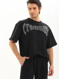 Unisex Oversize Taşlı T-Shirt - Siyah