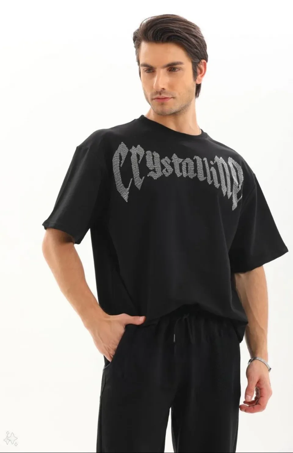 Unisex Oversize Taşlı T-Shirt - Siyah