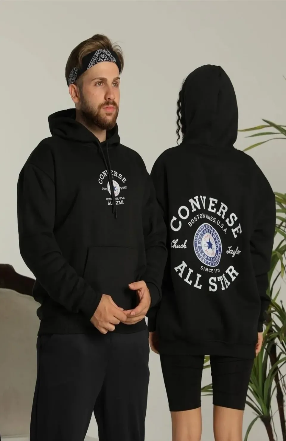 Unisex Oversize Üç İplik Şardonlu Kapüşonlu Sweatshirt – All Star Ön ve Arka Baskılı, Kanguru Cepli, Rahat Kalıp Kışlık Model - Siyah