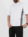 Unisex Oversize Yanları Şeritli T-Shirt - Beyaz