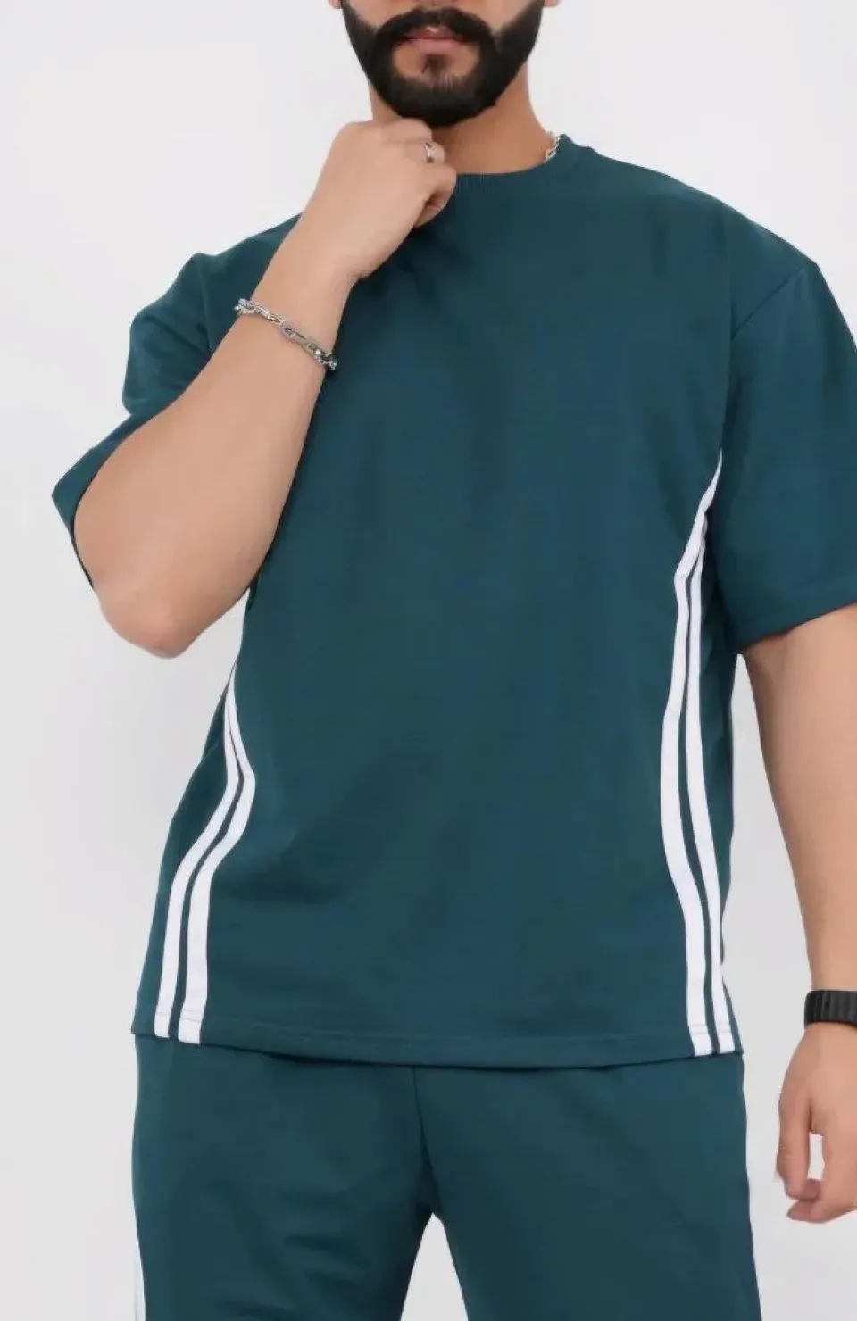 Unisex Oversize Yanları Şeritli T-Shirt - Cam Göbeği