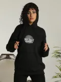 Unisex Sırt Baskılı Kapüşonlu Üç İplik Oversize Sweatshirt - Siyah