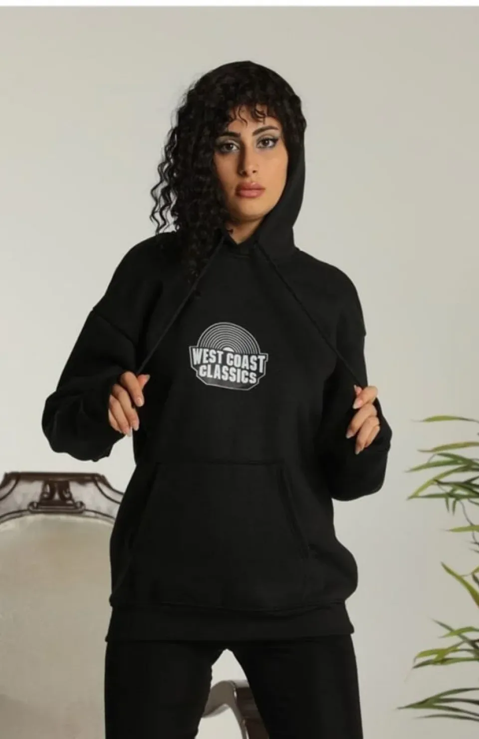 Unisex Sırt Baskılı Kapüşonlu Üç İplik Oversize Sweatshirt - Siyah
