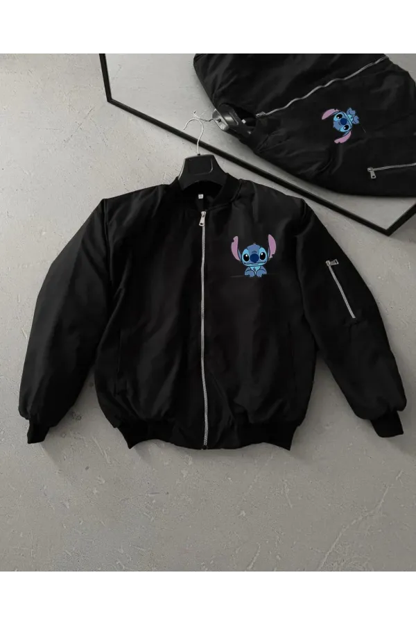 Unisex Siyah Bomber Ceket – Fermuarlı, Cepli, Kapitone Astarlı, Sevimli Stitch Baskılı Günlük Rahat Mont - Siyah