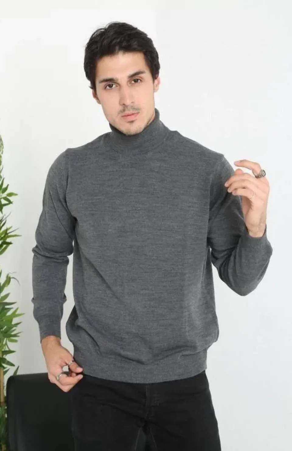 Unisex Tam Boğazlı Balıkçı Yaka Dokuma Triko - Füme