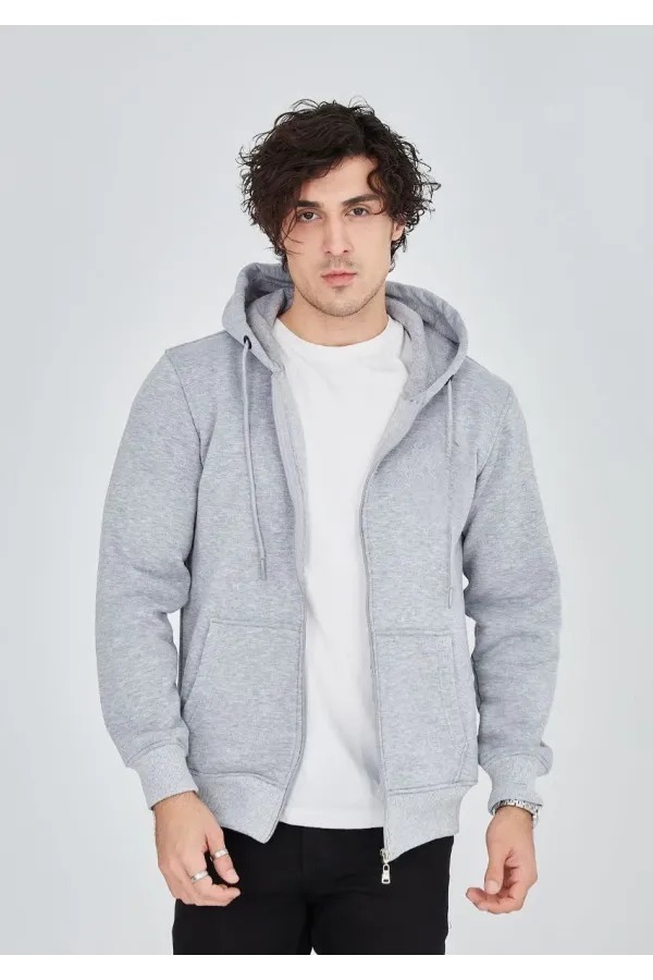 Unisex Tam Fermuarlı Kapşonlu  SweatShirt - Gri