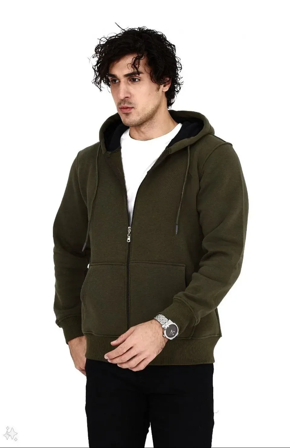 Unisex Tam Fermuarlı Kapşonlu  SweatShirt - Haki