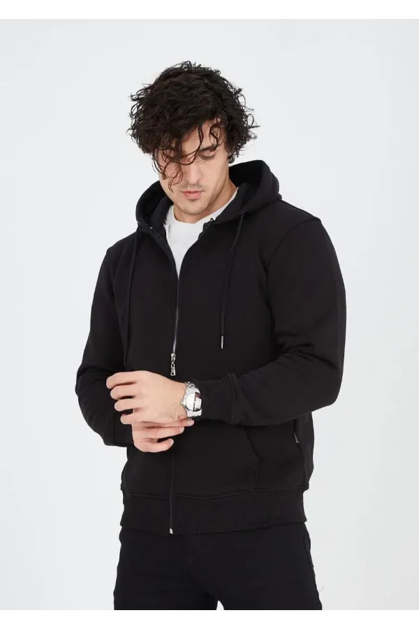 Unisex Tam Fermuarlı Kapşonlu  SweatShirt - Siyah