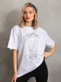 Unisex Taş Desenli Oversize T-Shirt - Beyaz