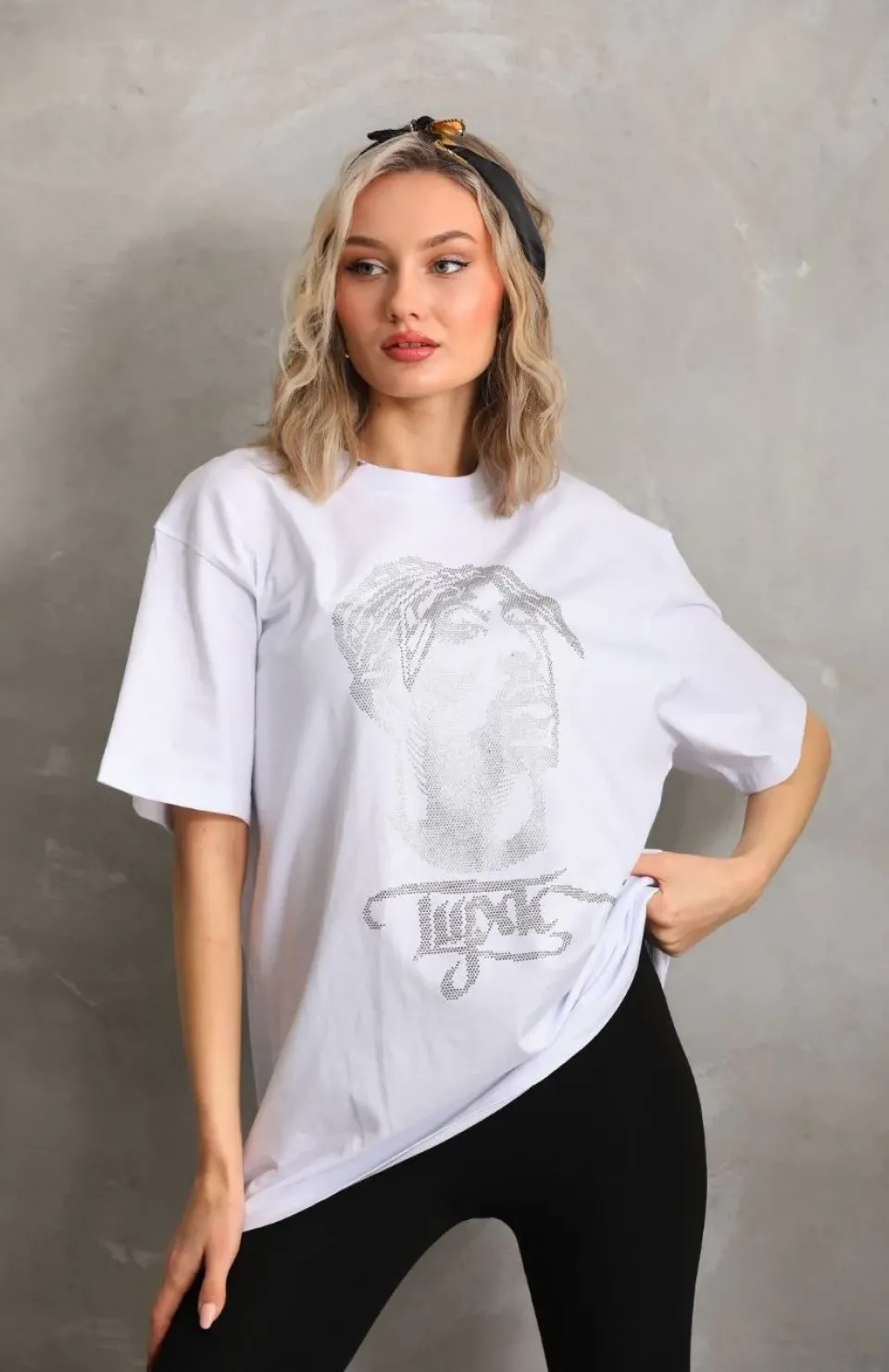 Unisex Taş Desenli Oversize T-Shirt - Beyaz