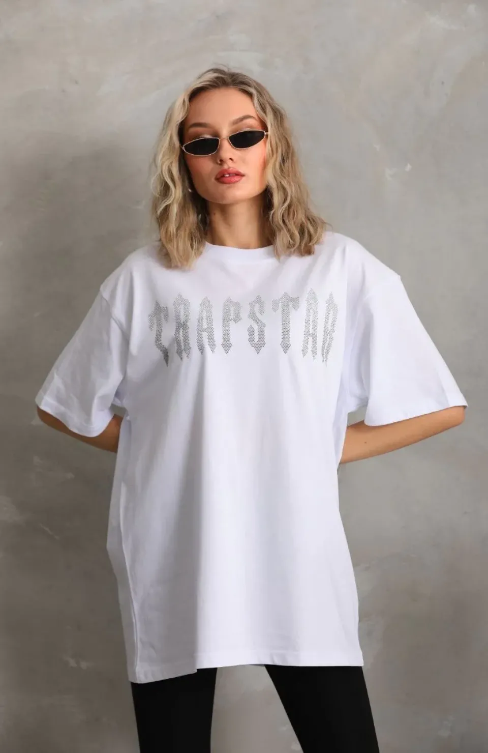 Unisex Taş Desenli Oversize T-Shirt - Beyaz