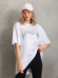 Unisex Taş Desenli Oversize T-Shirt - Beyaz