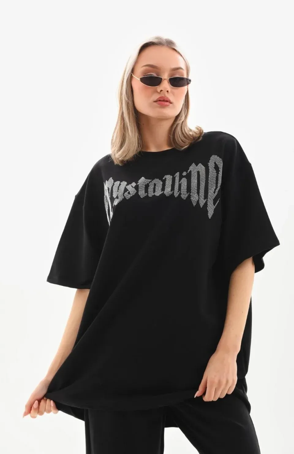 Unisex Taş Desenli Oversize T-Shirt - Beyaz