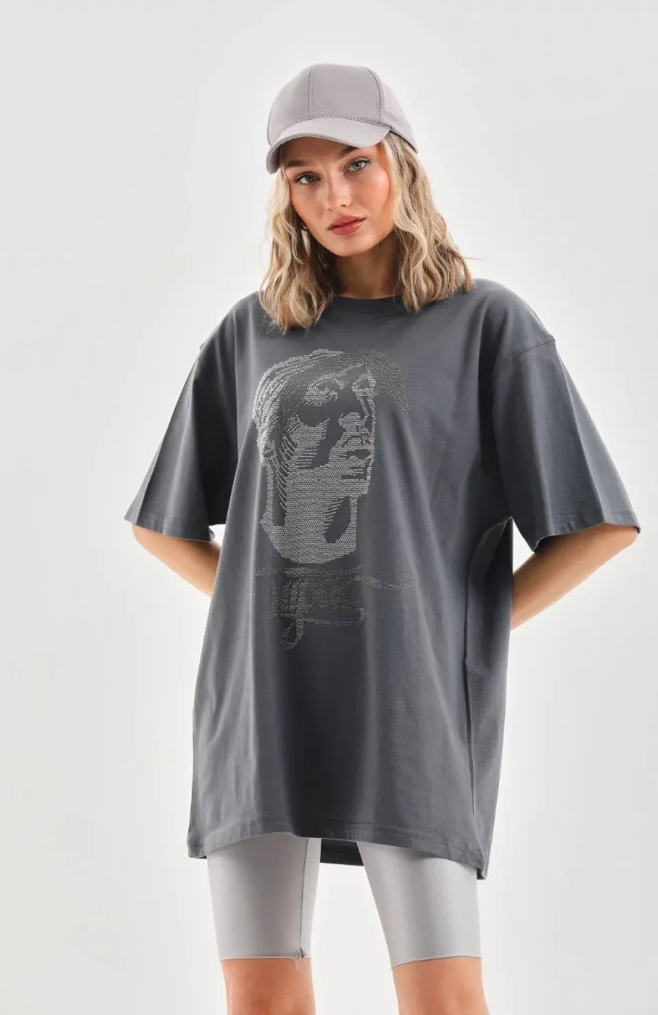 Unisex Taş Desenli Oversize T-Shirt - Füme