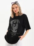 Unisex Taş Desenli Oversize T-Shirt - Siyah