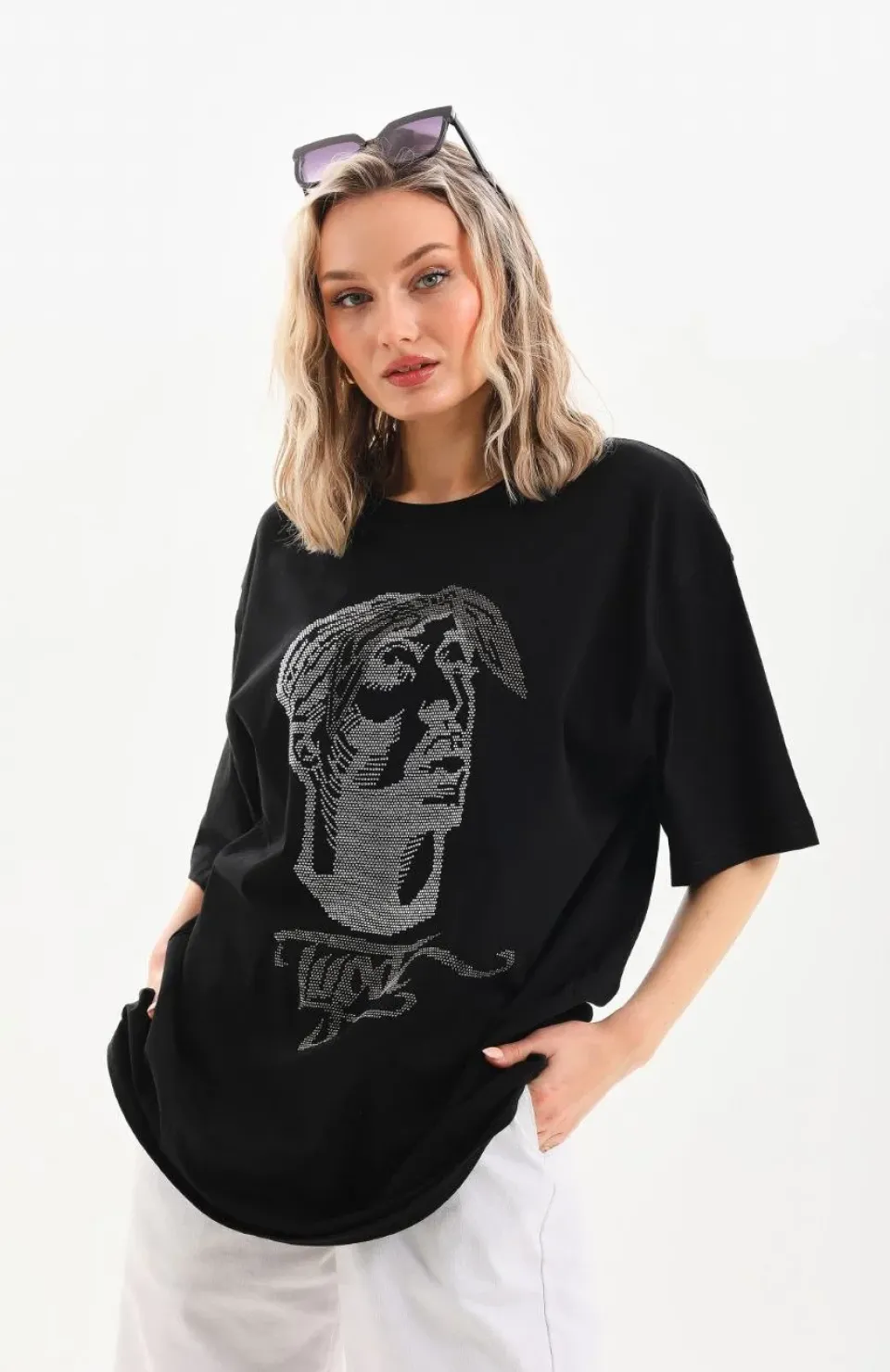 Unisex Taş Desenli Oversize T-Shirt - Siyah