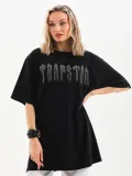 Unisex Taş Desenli Oversize T-Shirt - Siyah