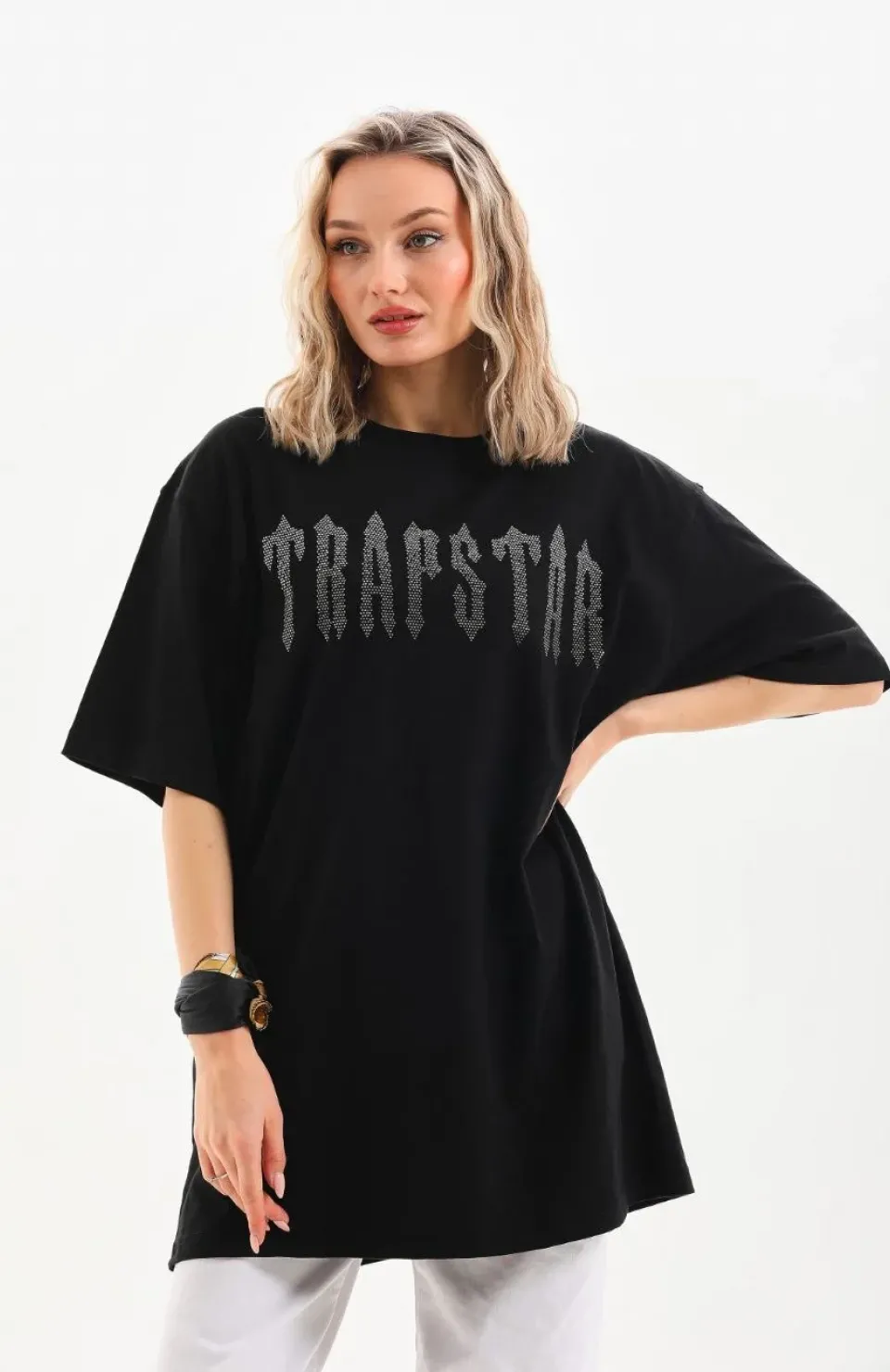 Unisex Taş Desenli Oversize T-Shirt - Siyah