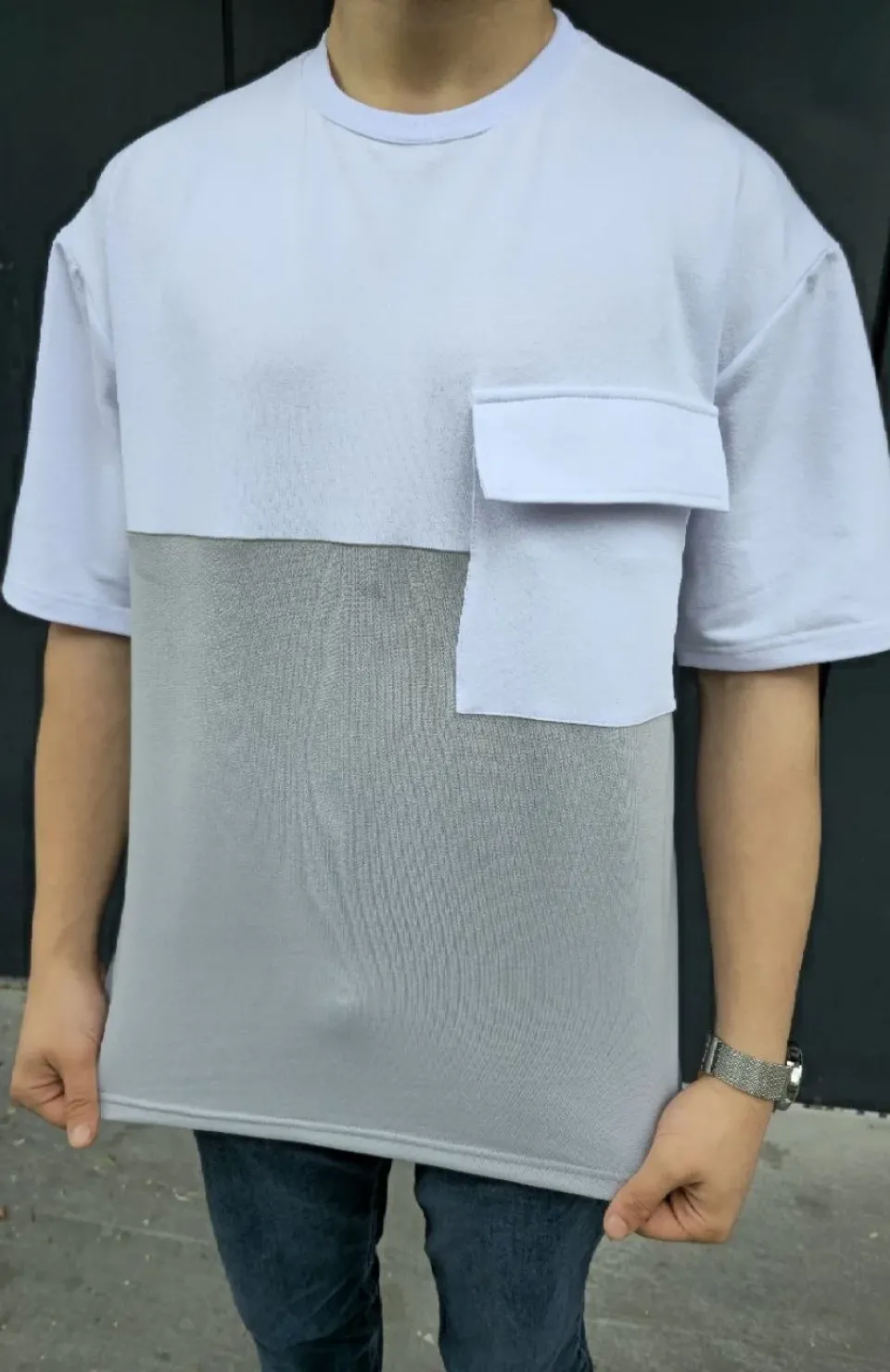 Unisex Torba Cep Detaylı Parçalı T-Shirt - Gri