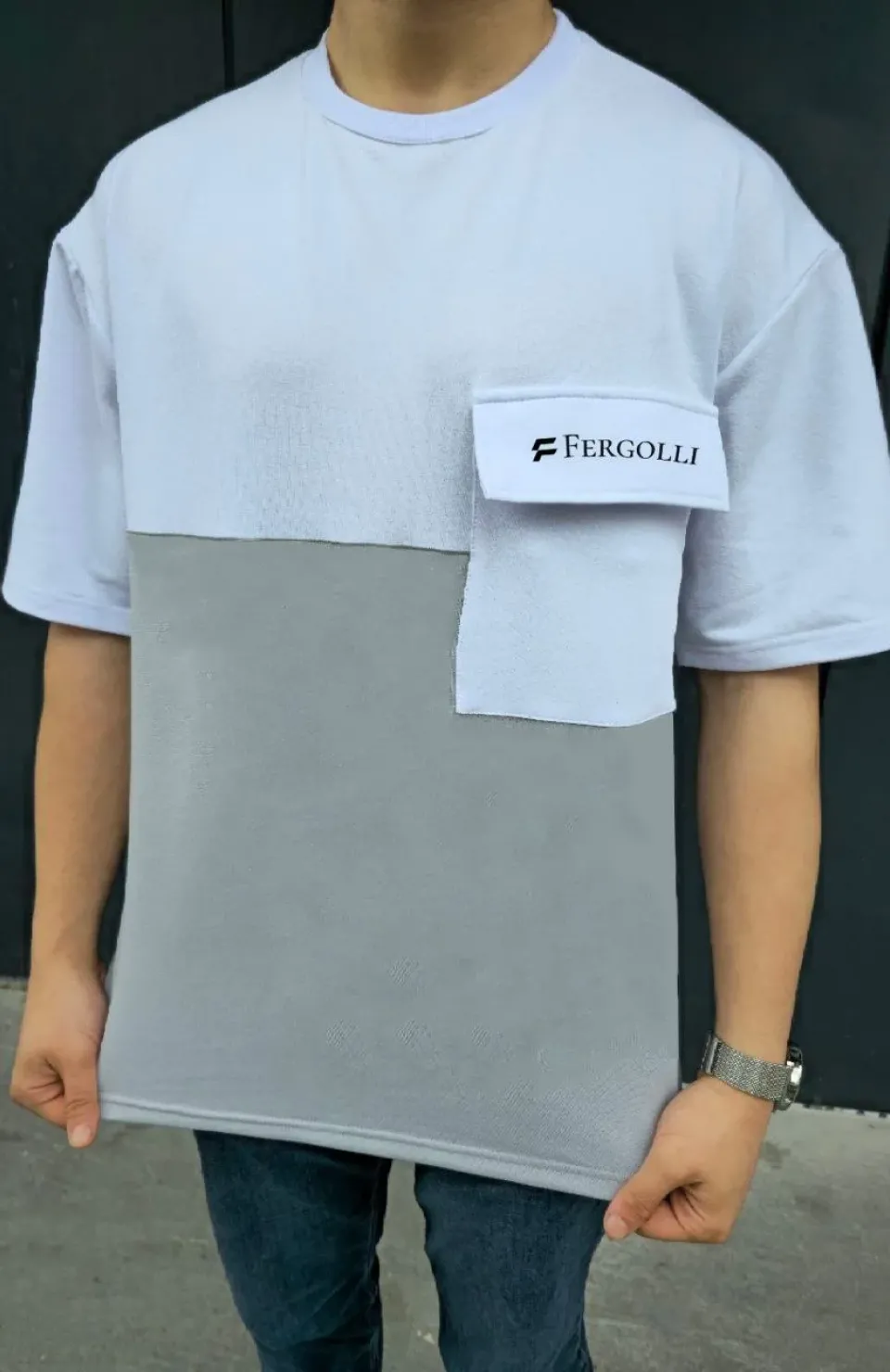 Unisex Torba Cep Detaylı  Parçalı T-Shirt - Gri Somersan Giyim | Kadın, Erkek ve Çocuk Moda