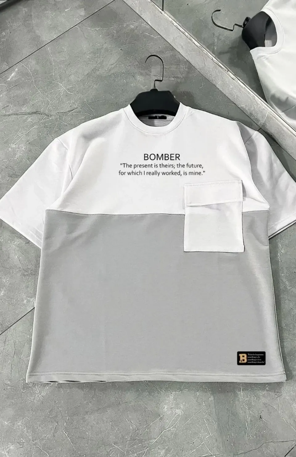 Unisex Torba Cep Detaylı  Parçalı T-Shirt - Gri Somersan Giyim | Kadın, Erkek ve Çocuk Moda