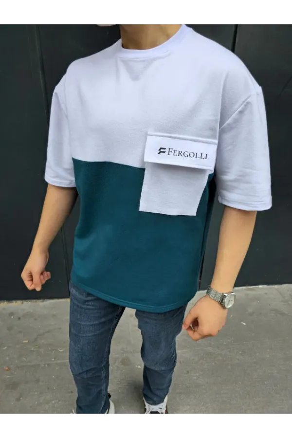 Unisex Torba Cep Detaylı  Parçalı T-Shirt - Lacivert