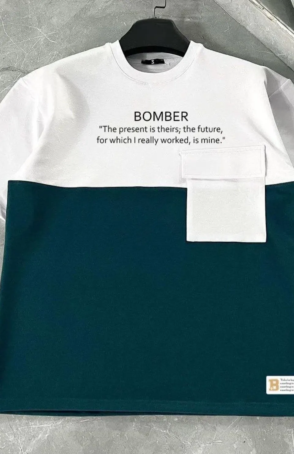 Unisex Torba Cep Detaylı  Parçalı T-Shirt - Lacivert