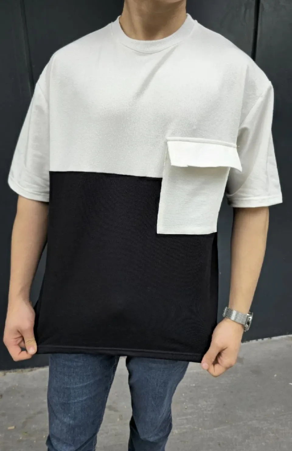 Unisex Torba Cep Detaylı Parçalı T-Shirt - Siyah