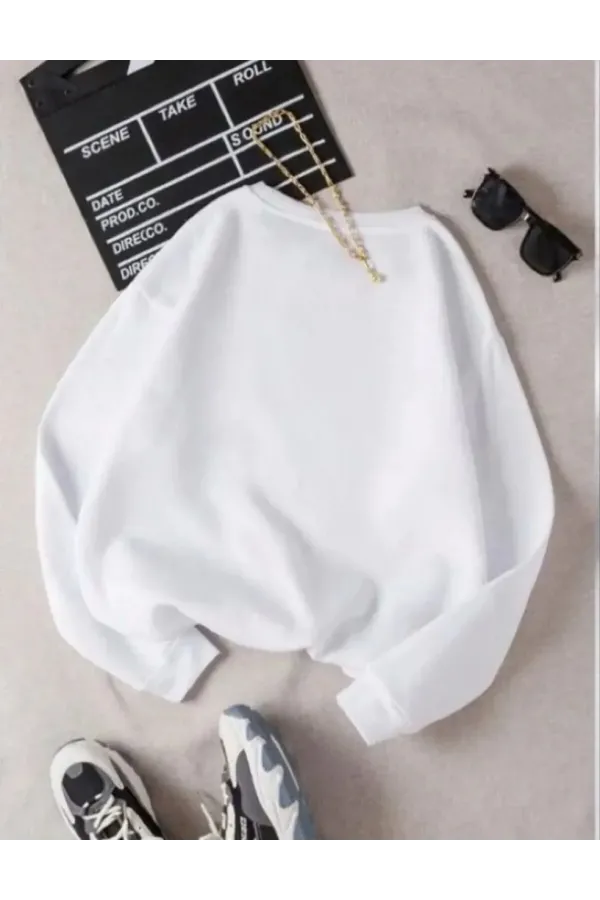 Unisex Üç İplik Biskilet Yaka SweatShirt - Beyaz