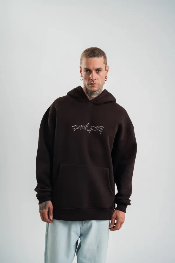 Unisex Üç İplik Kapşonlu Nakışlı SweatShirt - Kahve