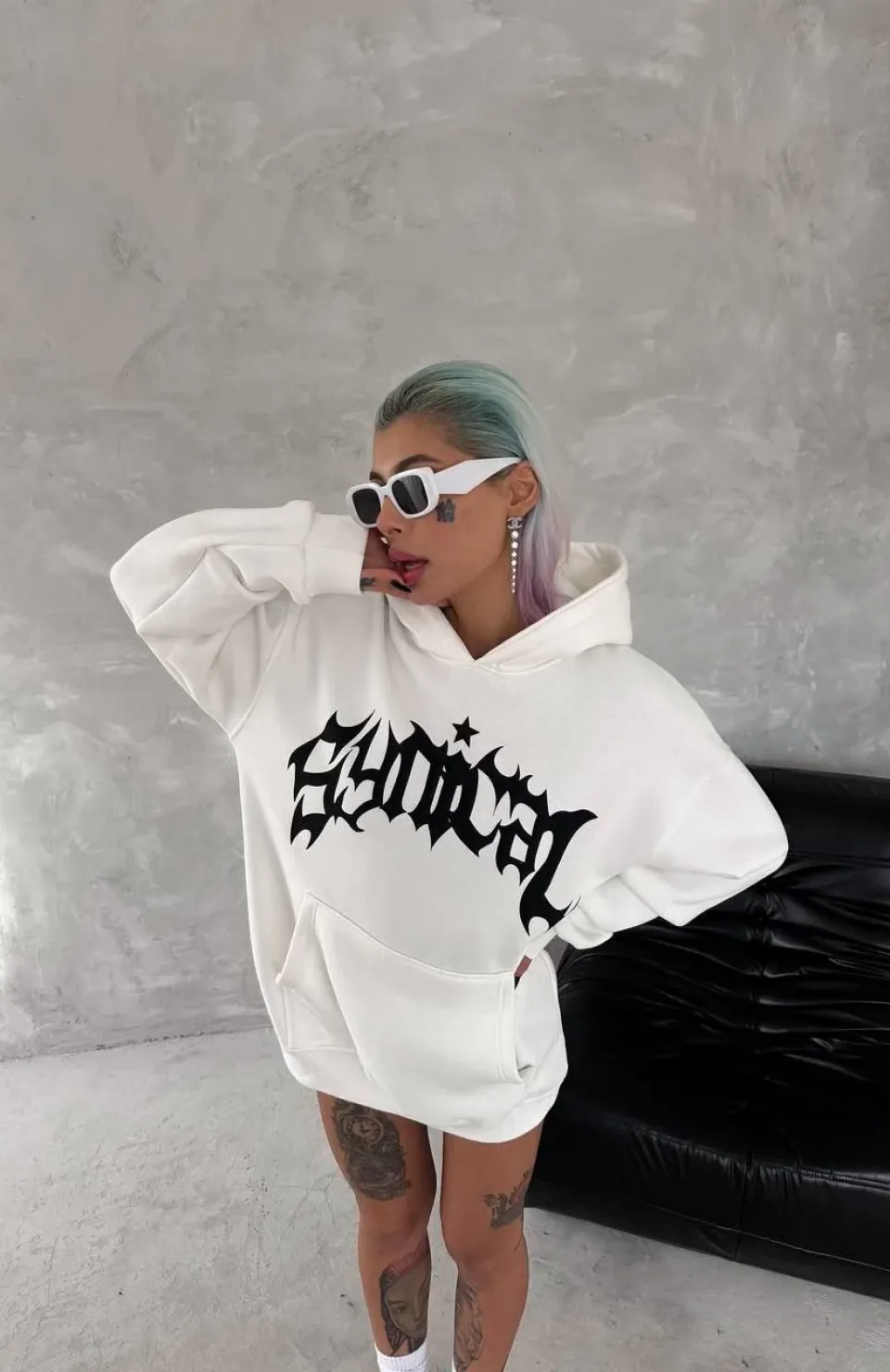 Unisex Üç İplik Kapüşonlu Baskılı SweatShirt - Beyaz