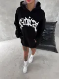 Unisex Üç İplik Kapüşonlu Baskılı SweatShirt - Siyah