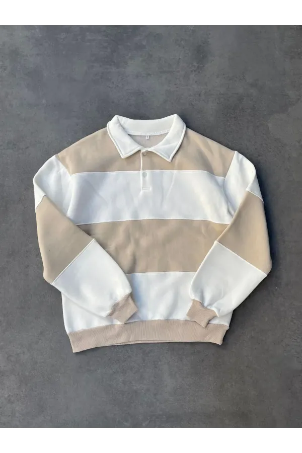 Unisex Üç İplik Parçalı Yakalı SweatShirt - Bej