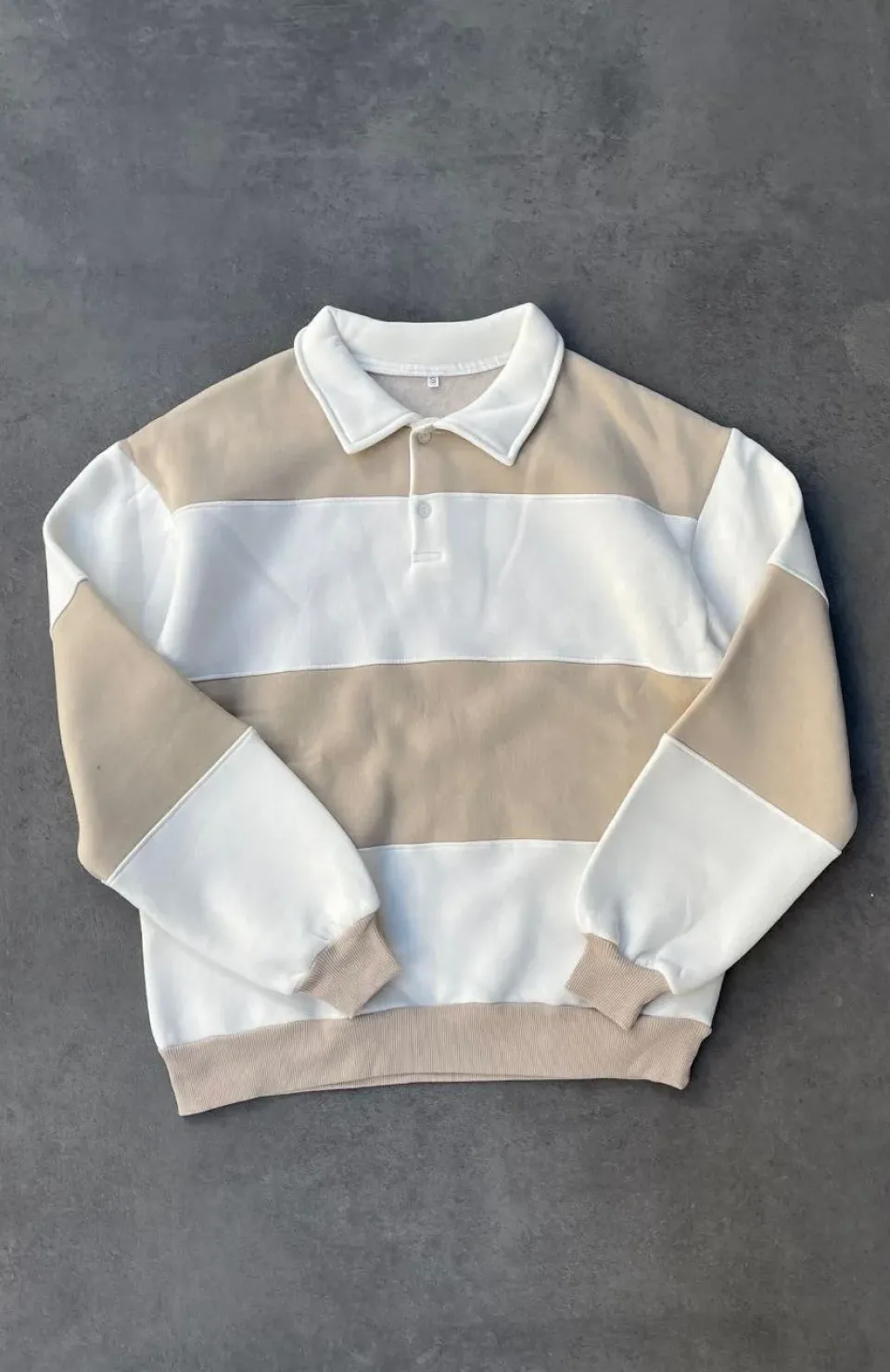 Unisex Üç İplik Parçalı Yakalı SweatShirt - Bej