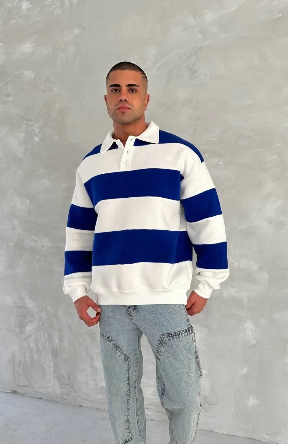 Unisex Üç İplik Parçalı Yakalı SweatShirt - Mavi