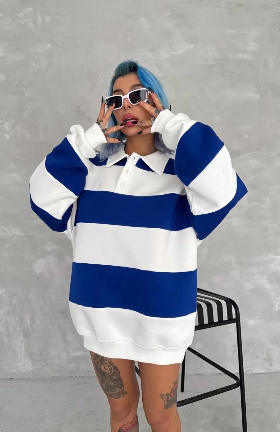 Unisex Üç İplik Parçalı Yakalı SweatShirt - Mavi