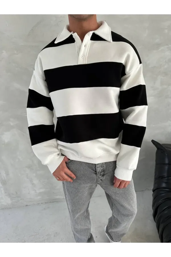 Unisex Üç İplik Parçalı Yakalı SweatShirt - Siyah